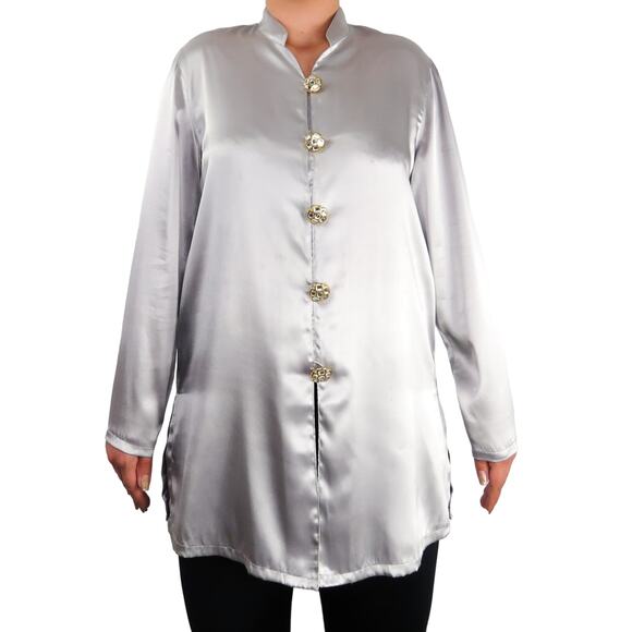 1980s Diane Von Furstenberg Vintage Silver Metallic Button Down Blouse Medium - Picture 1 of 10